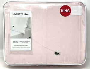 Lacoste KING Sheet Set Iced Pink 100% Cotton Percale Crocodile Logo 4 Pieces